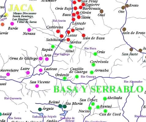 MAPA DE LOS VALLES DE BASA Y SERRABLO (RIOS BASA Y GUARGA)