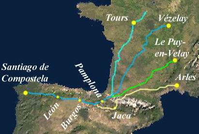 VIAS DEL CAMINO DE SANTIAGO SOBRE FRAGMENTO DE MAPA DE ENCARTA-MICROSOFT