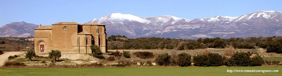 SAN MIGUEL DE FOCES DESDE EL SUR. AL FONDO EL PICO DE GUARA NEVADO
