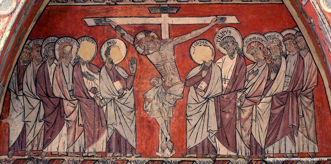 CALVARIO EN ARCOSOLIO SUROESTE. LOS APÓSTOLES LLEVAN SU NOMBRE EN EL NIMBO